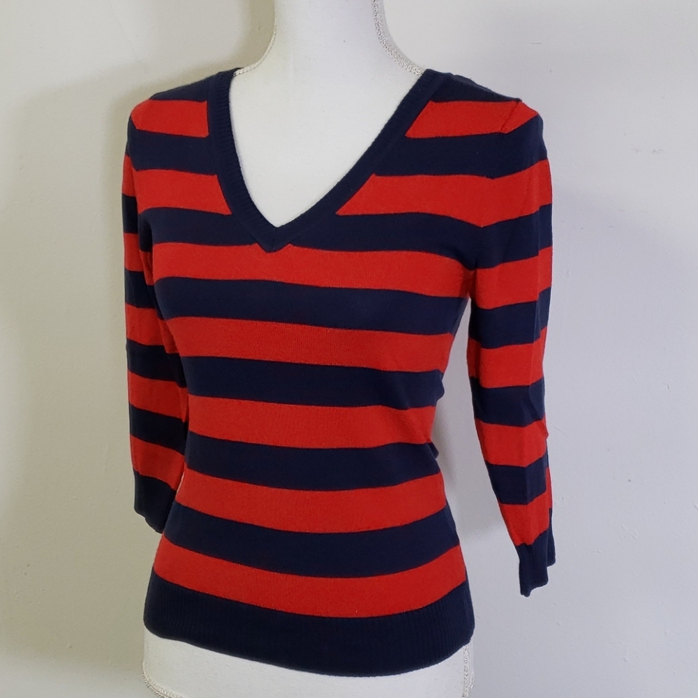 Striped Red and Blue V Neck Sweater Fitted - Picture 2 of 6